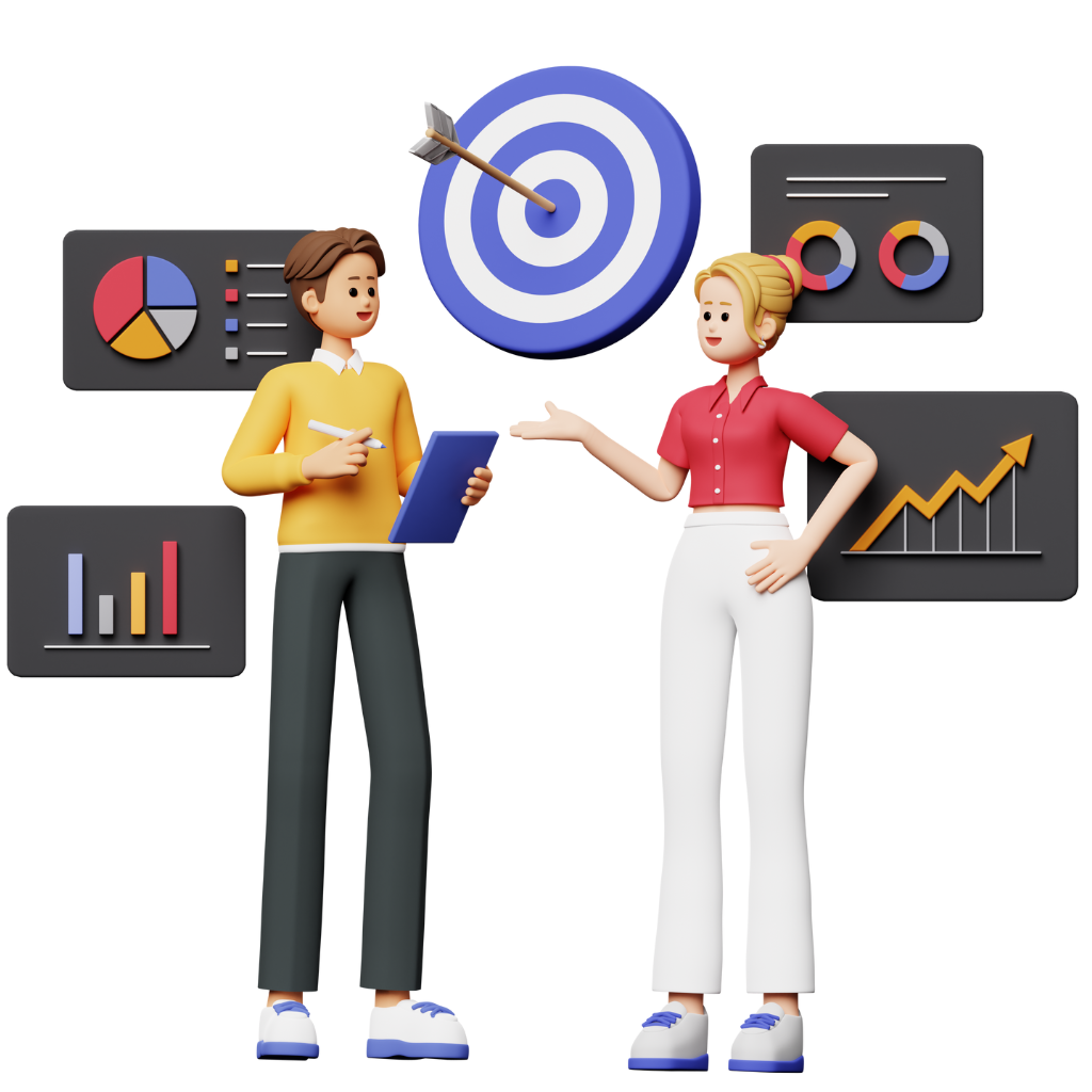 Illustration of digital marketing services including SEO, PPC, local seo, social media, and analytics dashboard.