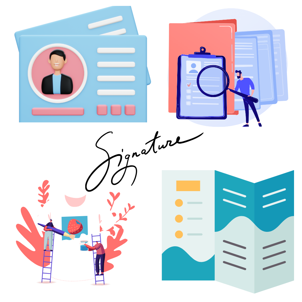 Collection of branded materials including business cards, email signatures, brochures, and signage